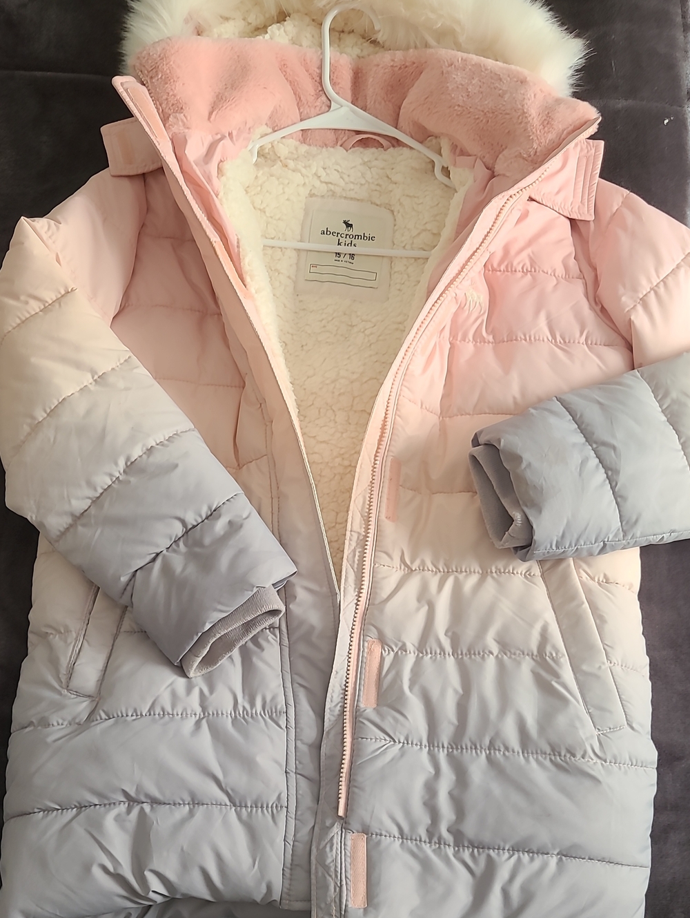 abercrombie kids Pink and Light Gray Sherpa-Lined Puffer Jacket